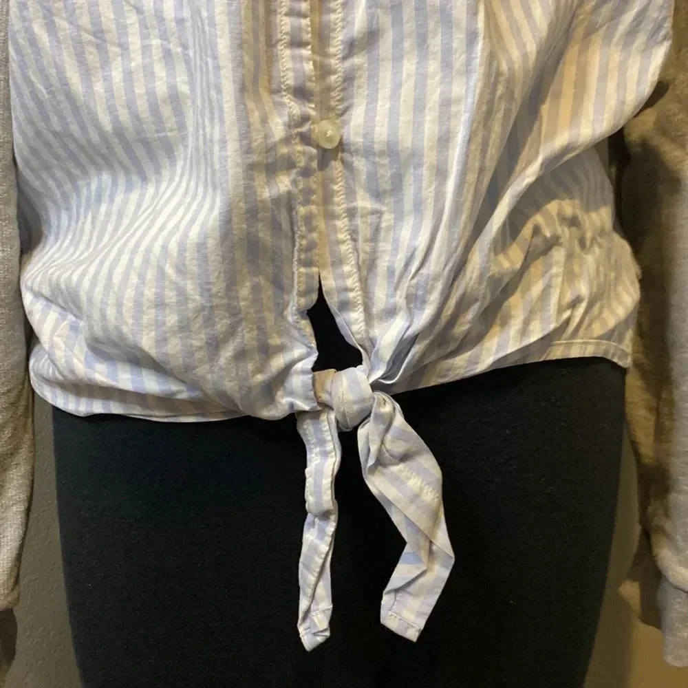 J Crew Small Sweatshirt Blouse Mix Button Down Back with Tie Long Sleeve Stripes